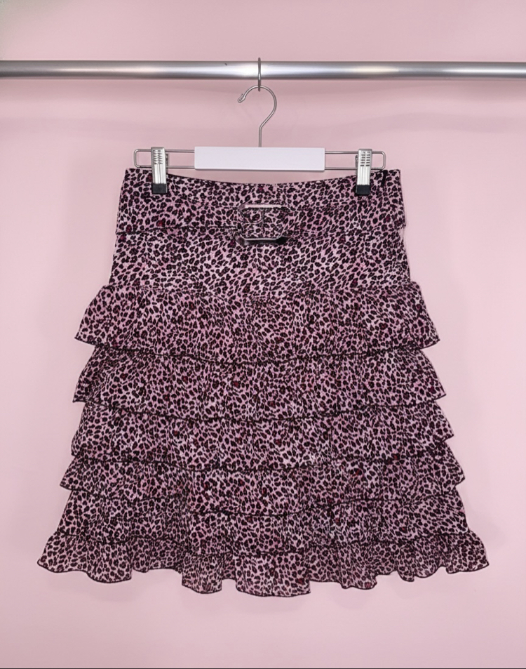 Kemerli Pembe leopar midi etek