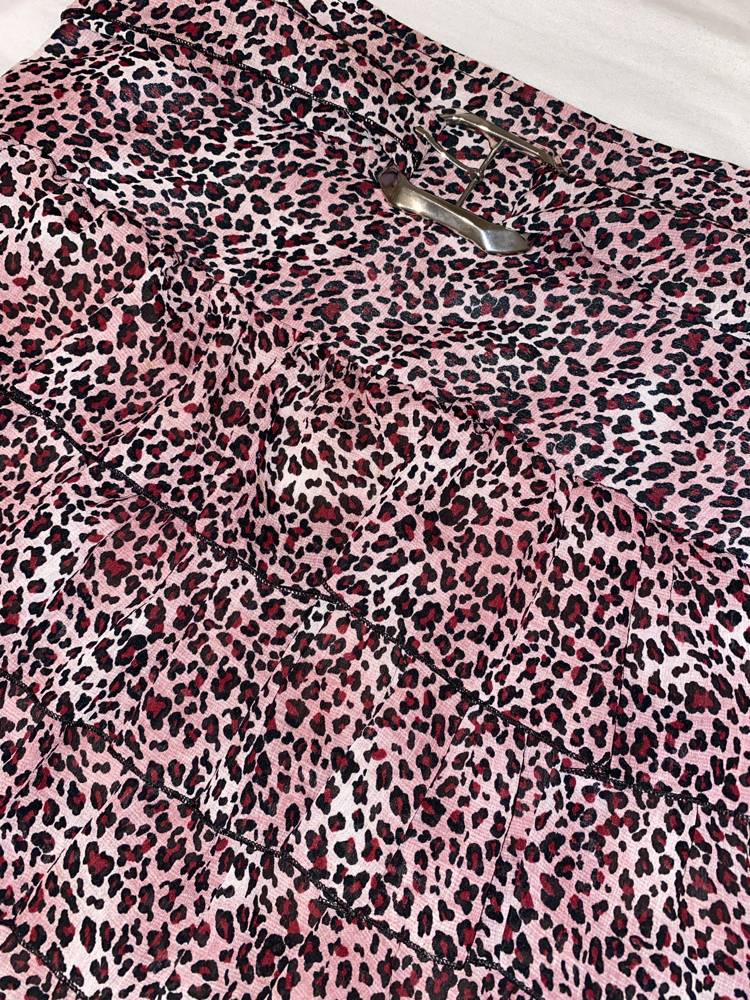 Kemerli Pembe leopar midi etek