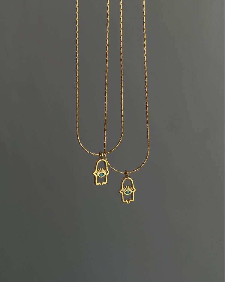 Mavi Boncuklu Hamsa Kolye / Gold