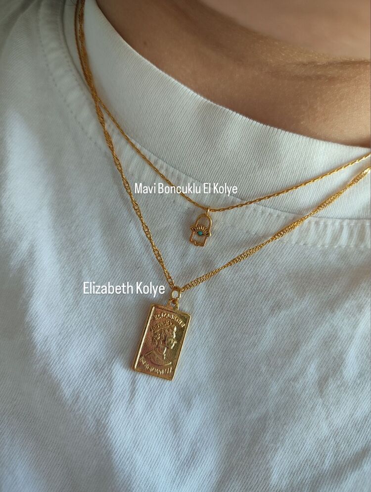 Mavi Boncuklu Hamsa Kolye / Gold