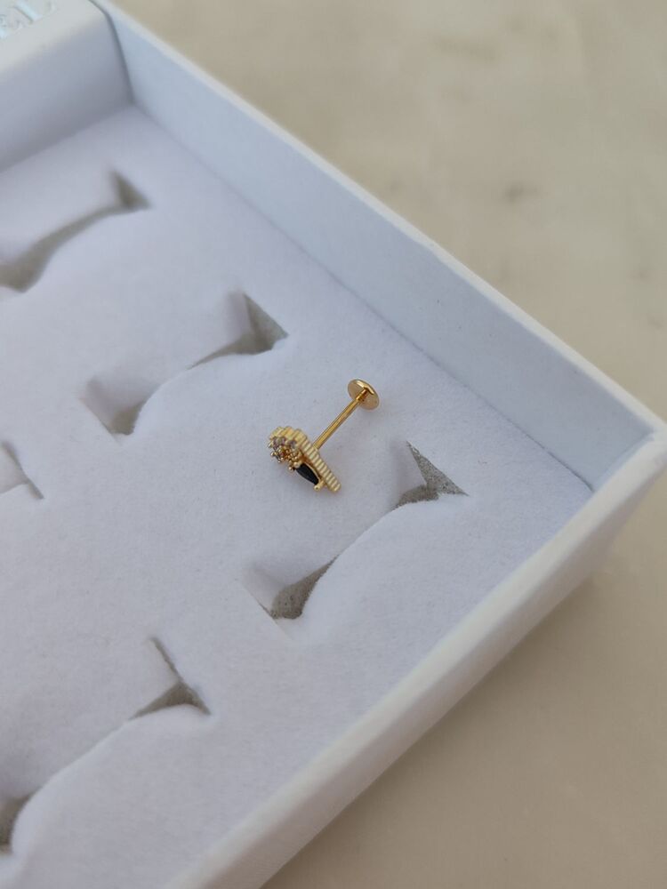 Siyah Taş Detaylı Yelpaze Cerrahi Çelik Piercing / Gold