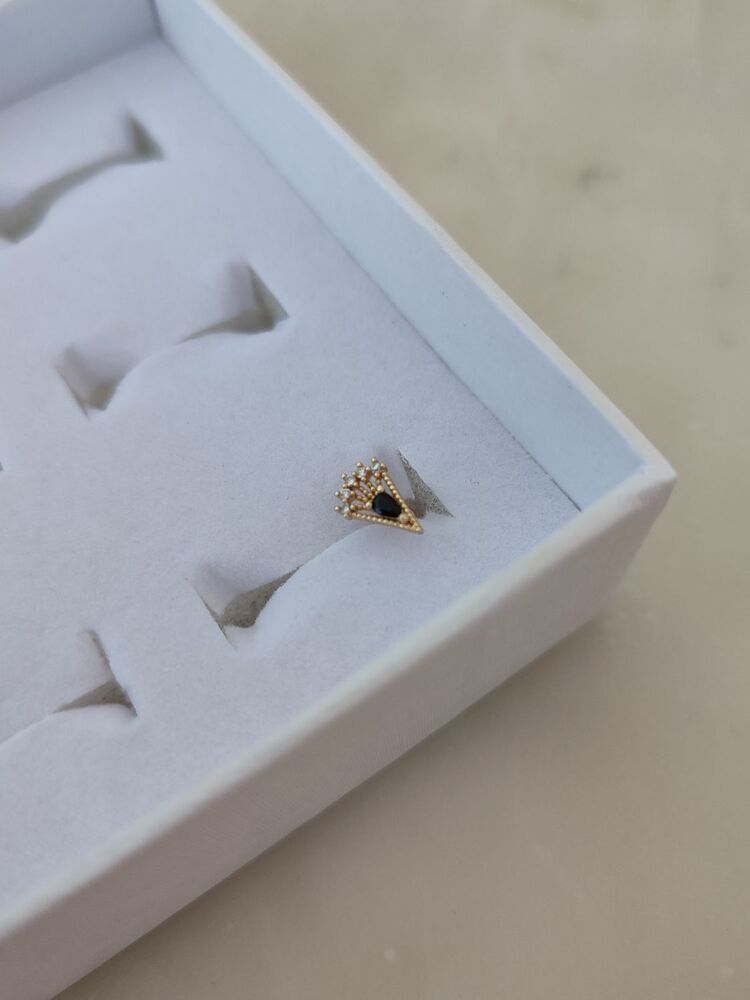Siyah Taş Detaylı Yelpaze Cerrahi Çelik Piercing / Gold