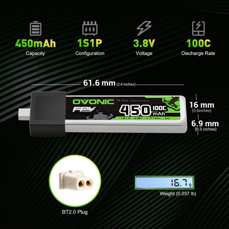 Yakında Stokta OVONIC 1S Lipo Battery 450mAh 1S1P 100C 3.8V LiHV LiPo
