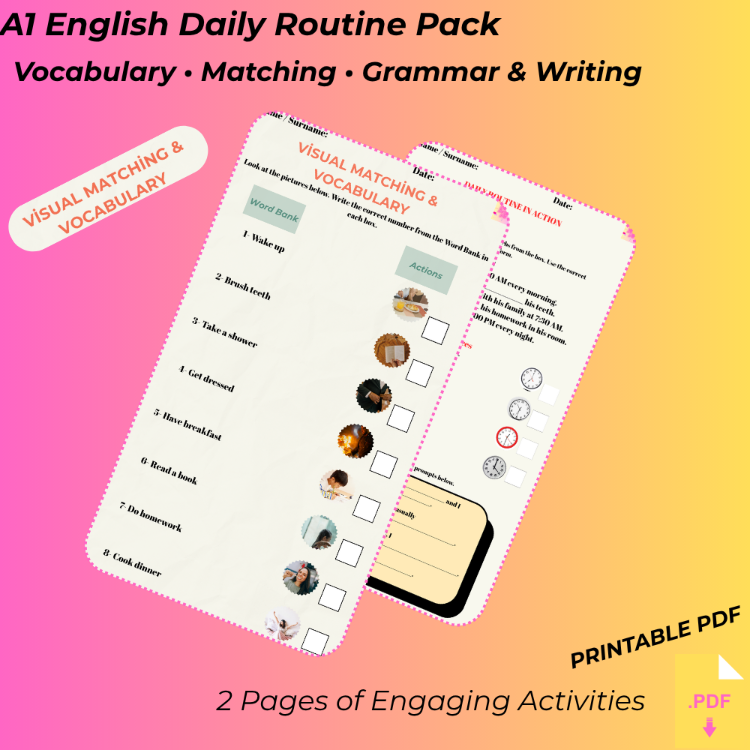 İngilizce A1 Günlük Rutinler Çalışma Kağıdı Seti - Daily Routine (PDF)