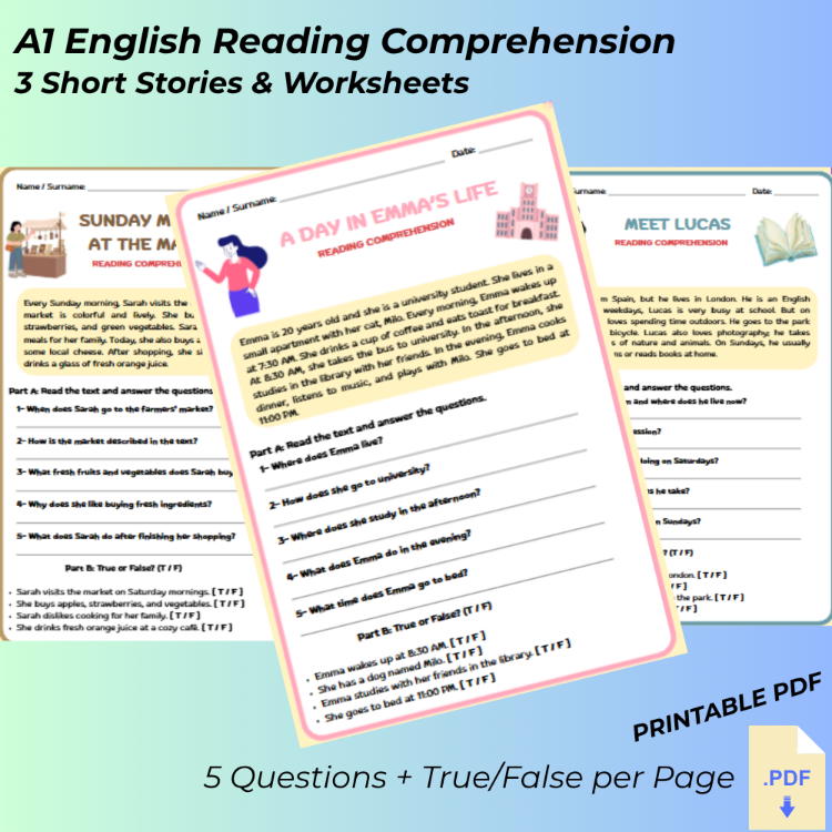 İngilizce A1 Okuma ve Anlama Çalışma Kağıdı Seti - Reading Comprehension (Dijital PDF)