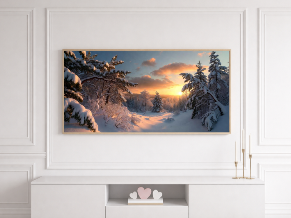 Frame TV Art Winter Landscape | Snowy Pine Forest at Sunset | 4K Digital Download