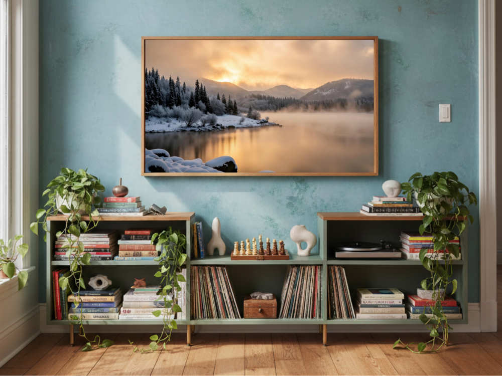 Snow Scene Frame TV Art – Winter Lake Sunset Digital Download Samsung TV