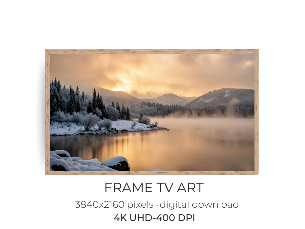 Snow Scene Frame TV Art – Winter Lake Sunset Digital Download Samsung TV