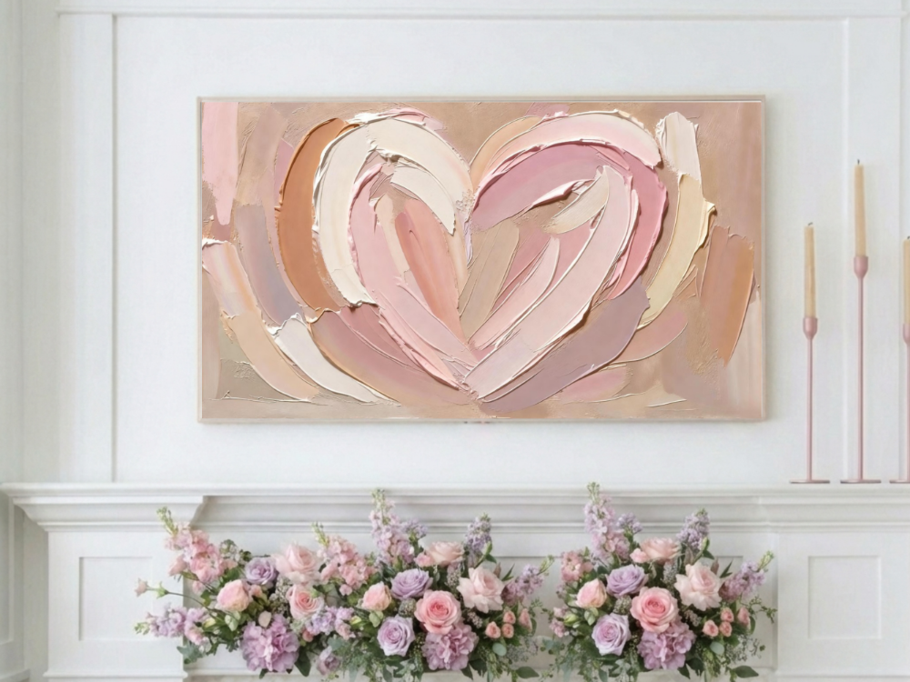 Abstract Pink Heart Oil Painting – Samsung Frame TV Art Neutral Decor Digital