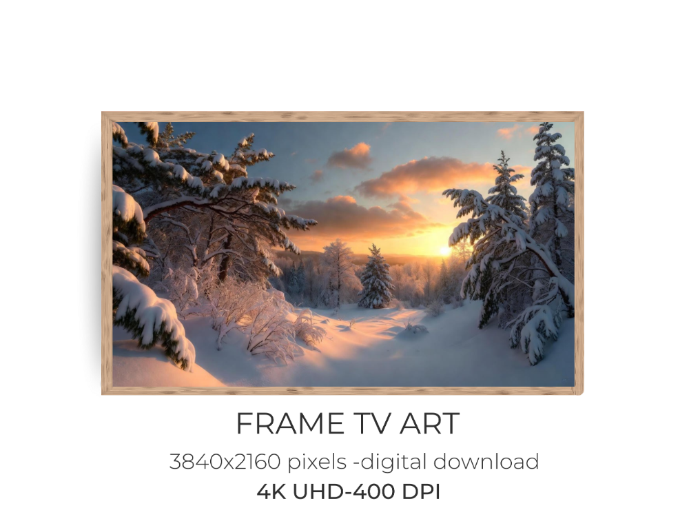 Frame TV Art Winter Landscape | Snowy Pine Forest at Sunset | 4K Digital Download