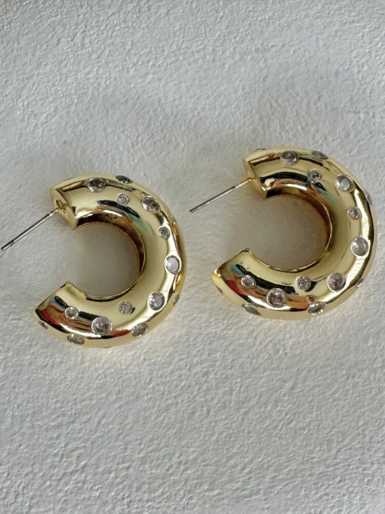 Gold Taşlı Hoop Küpe 