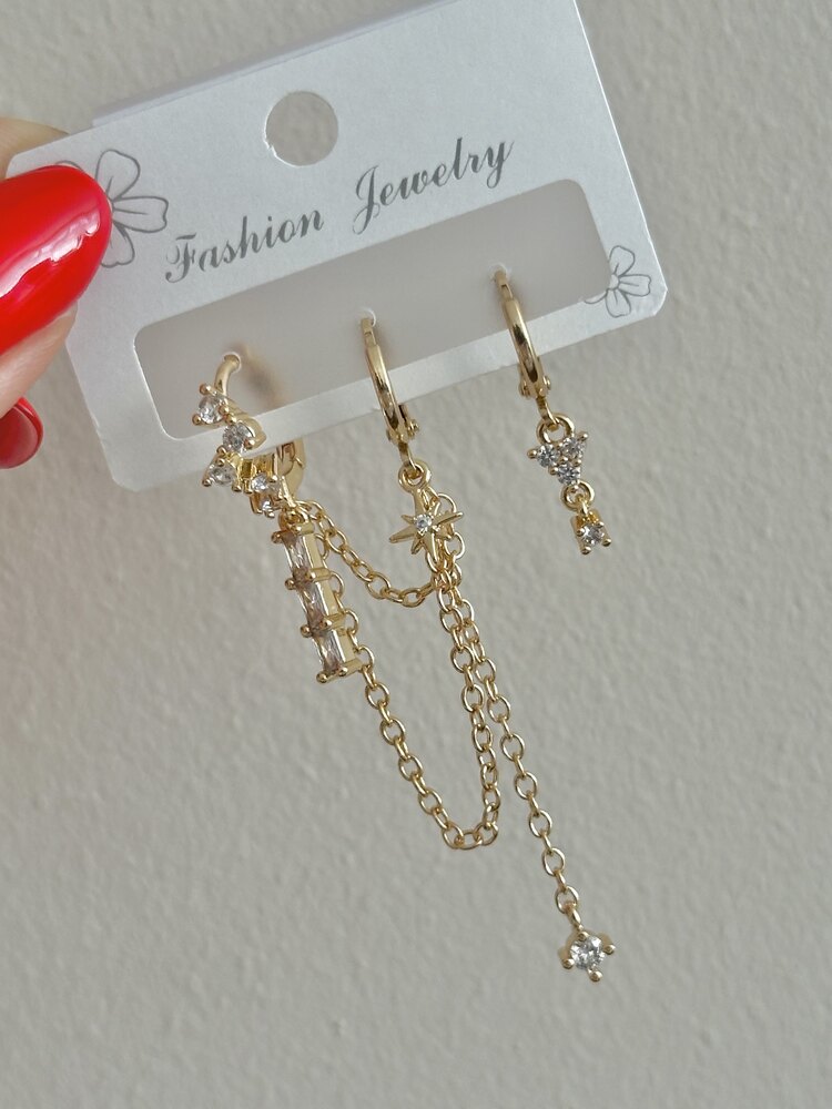 Gold Zincir Detay Set Küpe