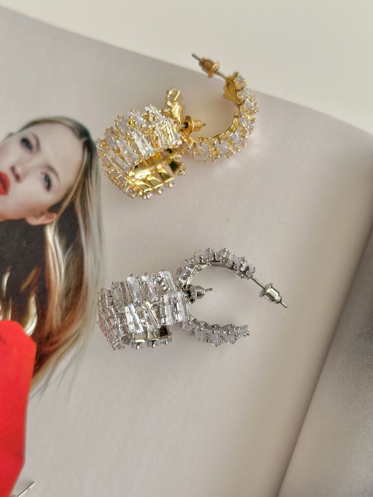 Silver Baget Taşlı Halka Küpe 