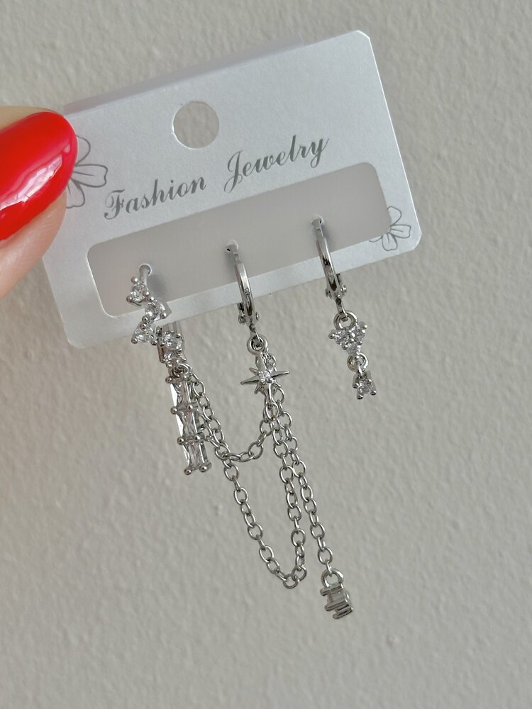 Silver Zincir Detay Set Küpe 