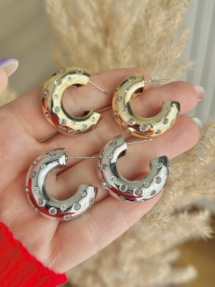 Silver Taşlı Hoop Küpe 