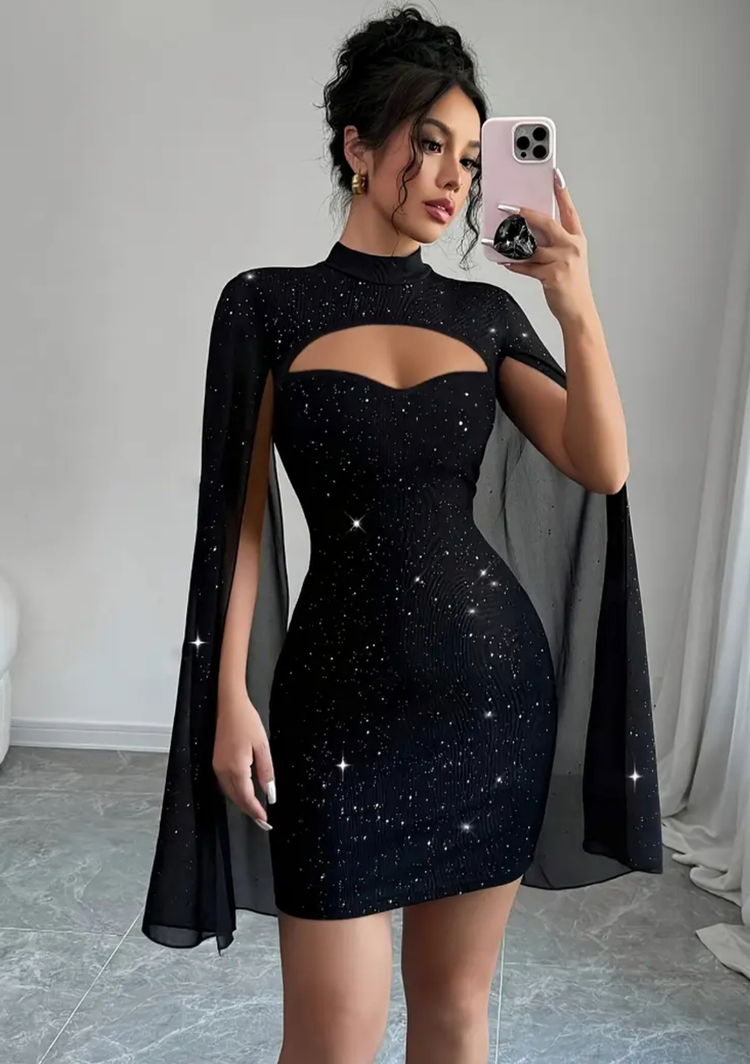  Simli  Pelerin Detaylı Elegant Elbise - Siyah 
