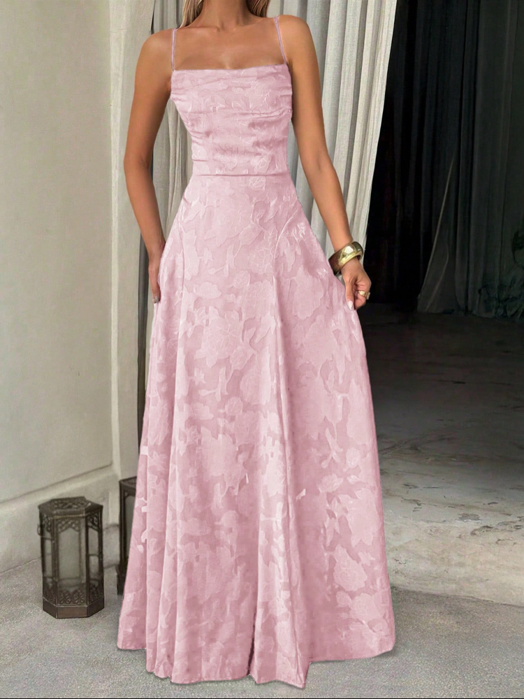 Elegant Lace Up Waist Backless Uzun Elbise - Pembe