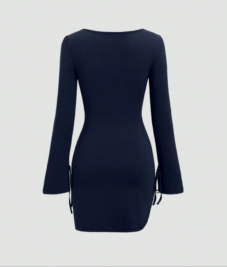 Sleeve Pleads Casual Elbise -Lacivert