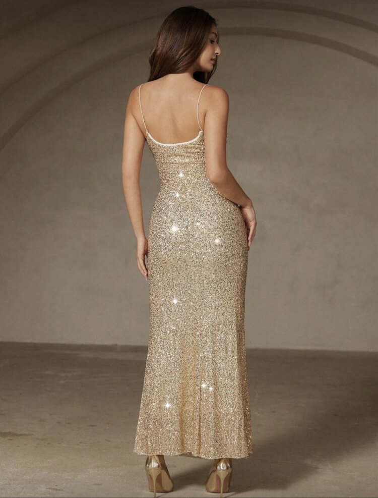 Gold Shiny Vücudu Saran Altın Rengi Elbise