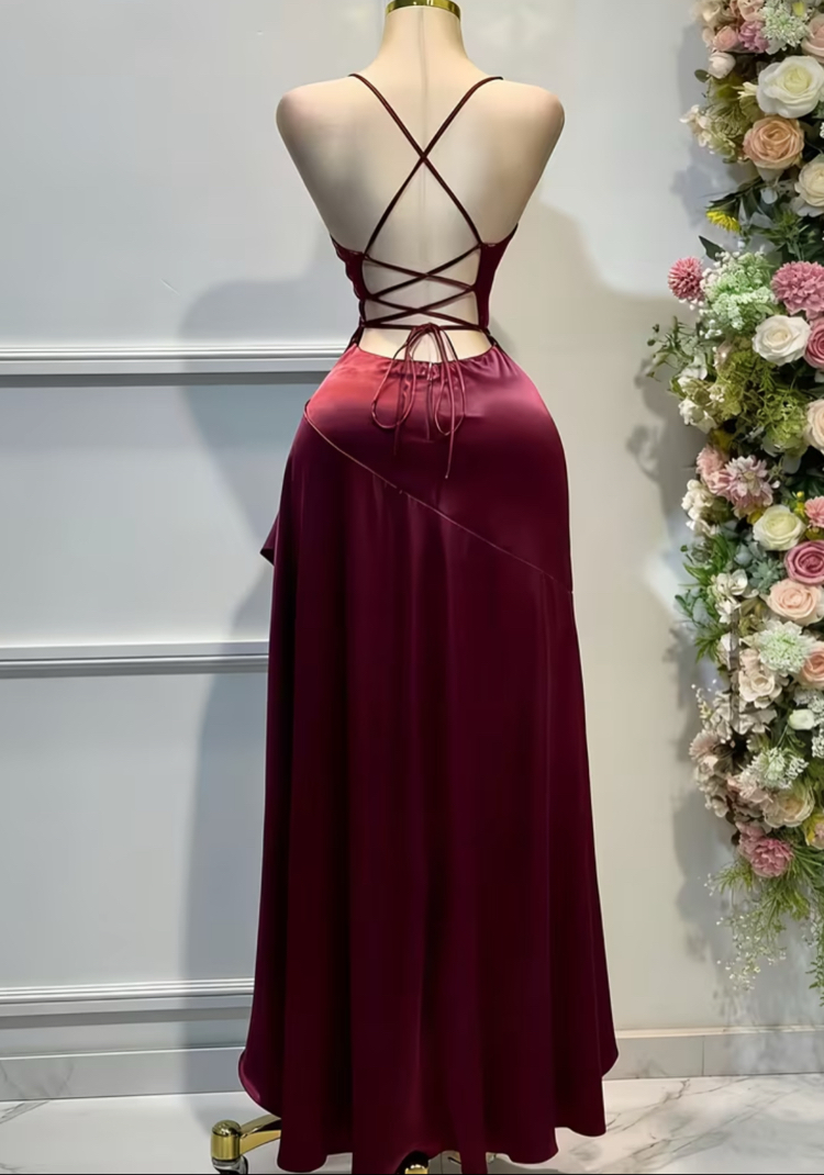 Elegant Saten For Daily Elbise- Bordo