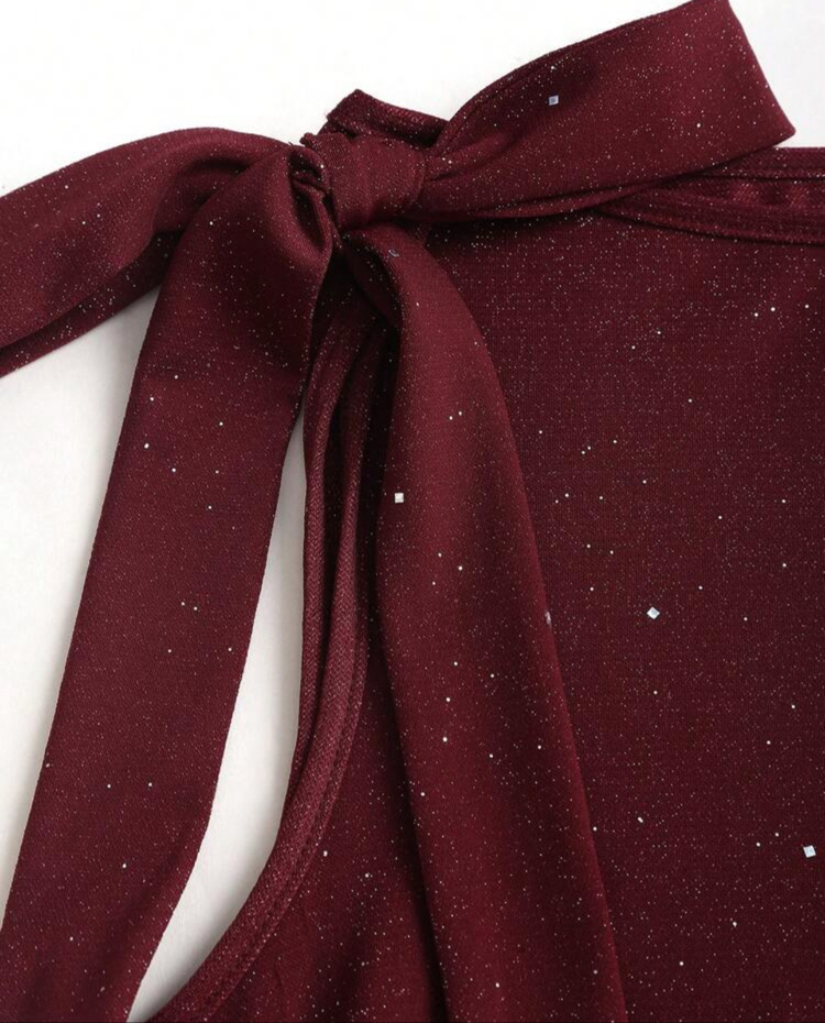 Asimetrik Yaka Mini Lolita Simli Elbise -Bordo 