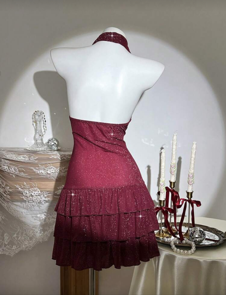 Women’s Draped Neck Ruffle Sexy Mini Elbise - Bordo