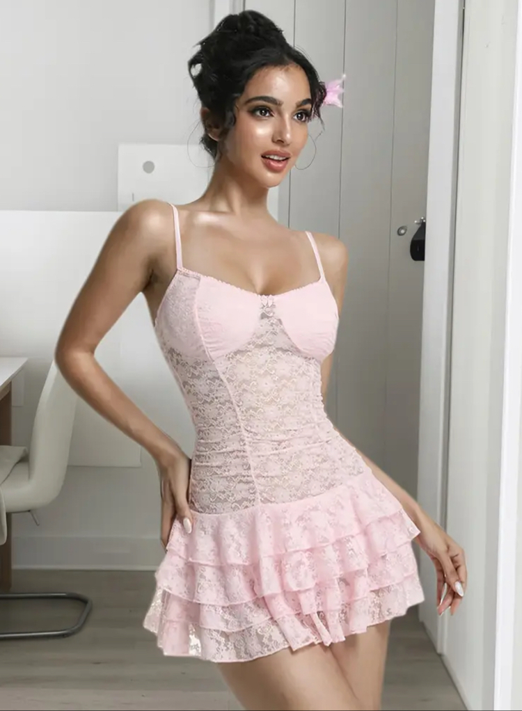 Coquette Sleeve Askılı Pembe Elbise