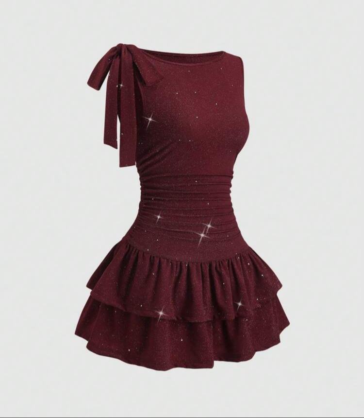 Asimetrik Yaka Mini Lolita Simli Elbise -Bordo 