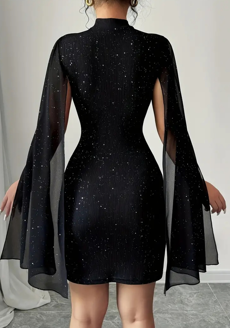  Simli  Pelerin Detaylı Elegant Elbise - Siyah 