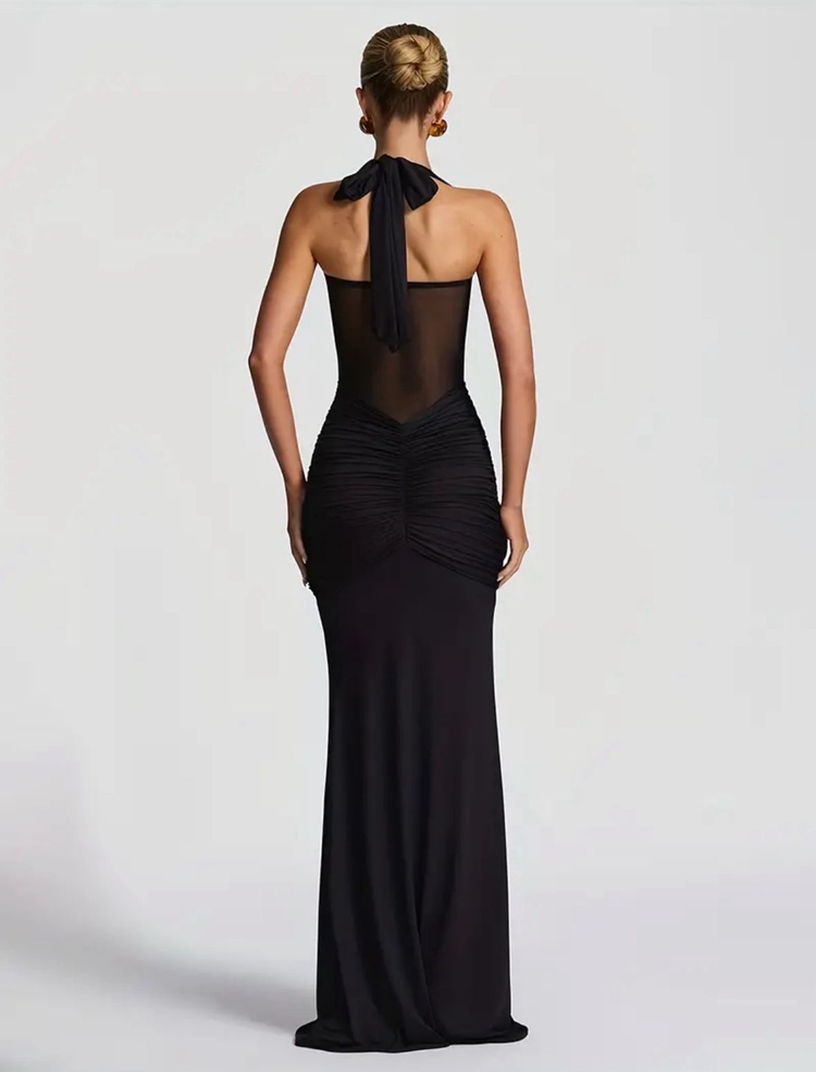 Halter Neck Siyah Transparan Detaylı Uzun Elbise