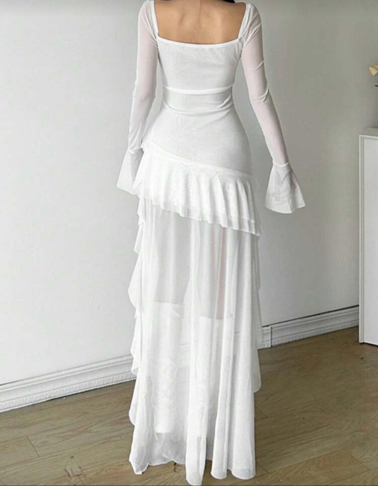 Coquette Sleeve Asimetrik Beyaz Elbise