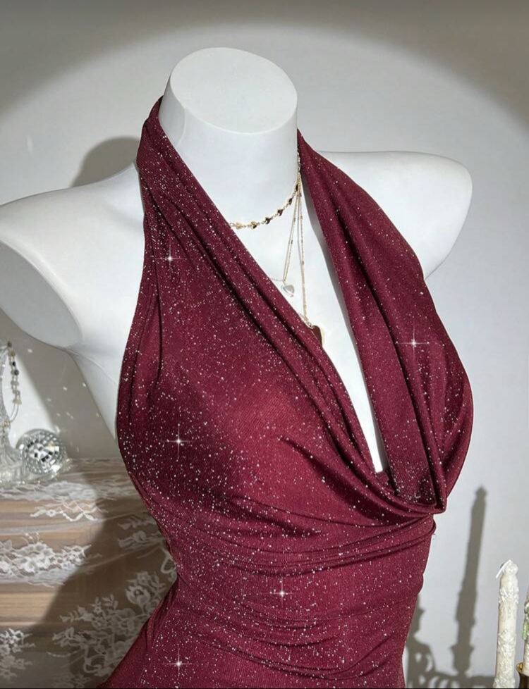 Women’s Draped Neck Ruffle Sexy Mini Elbise - Bordo
