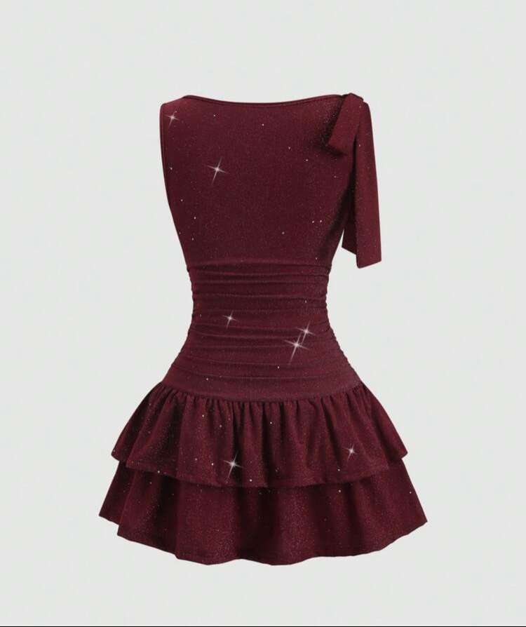 Asimetrik Yaka Mini Lolita Simli Elbise -Bordo 
