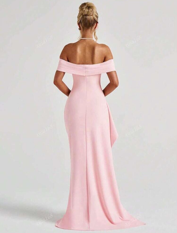 Elegant Strapless Yırtmaçlı Uzun Elbise - Pembe 