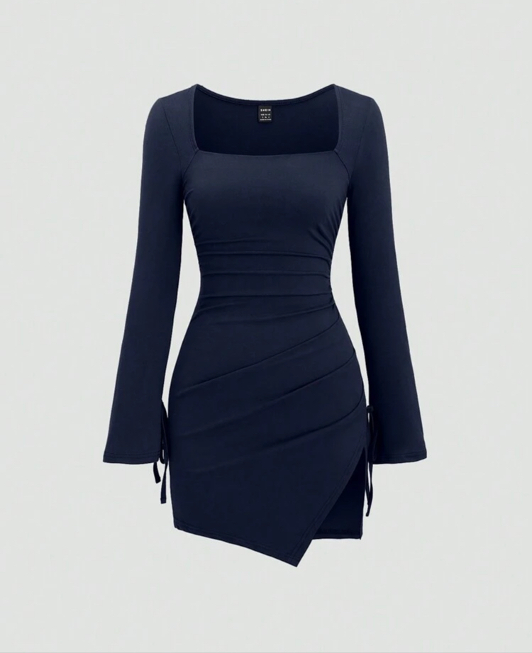 Sleeve Pleads Casual Elbise -Lacivert