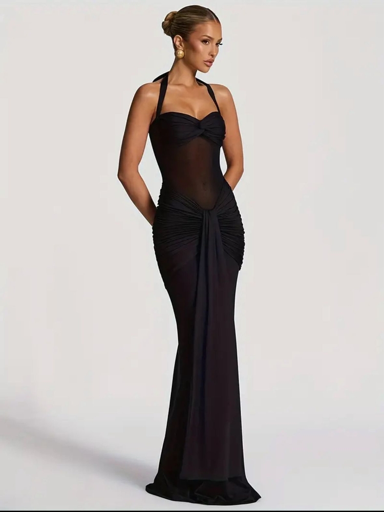Halter Neck Siyah Transparan Detaylı Uzun Elbise
