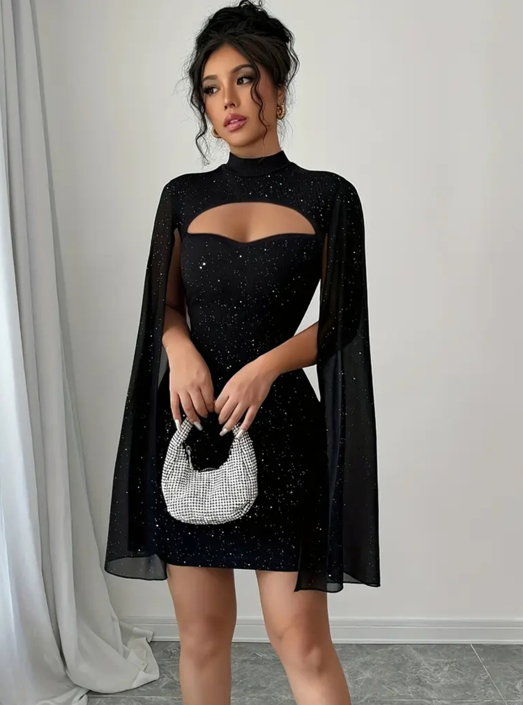  Simli  Pelerin Detaylı Elegant Elbise - Siyah 