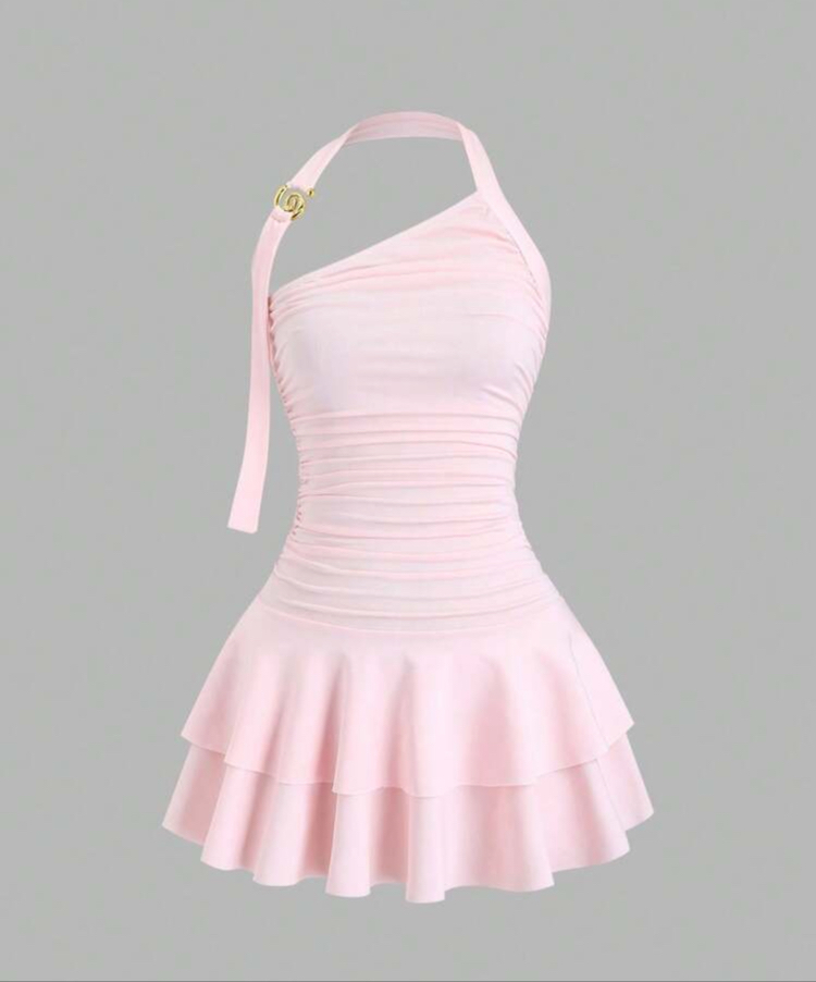 Spiral Detaylı Pembe Rengi Mini Elbise