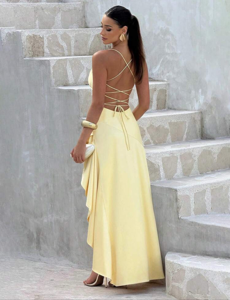 Saten Arkası Bağcıklı Yırtmaçlı Sarı Elbise
