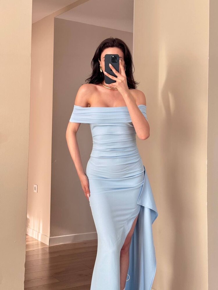Elegant Strapless Yırtmaçlı Elbise - Mavi