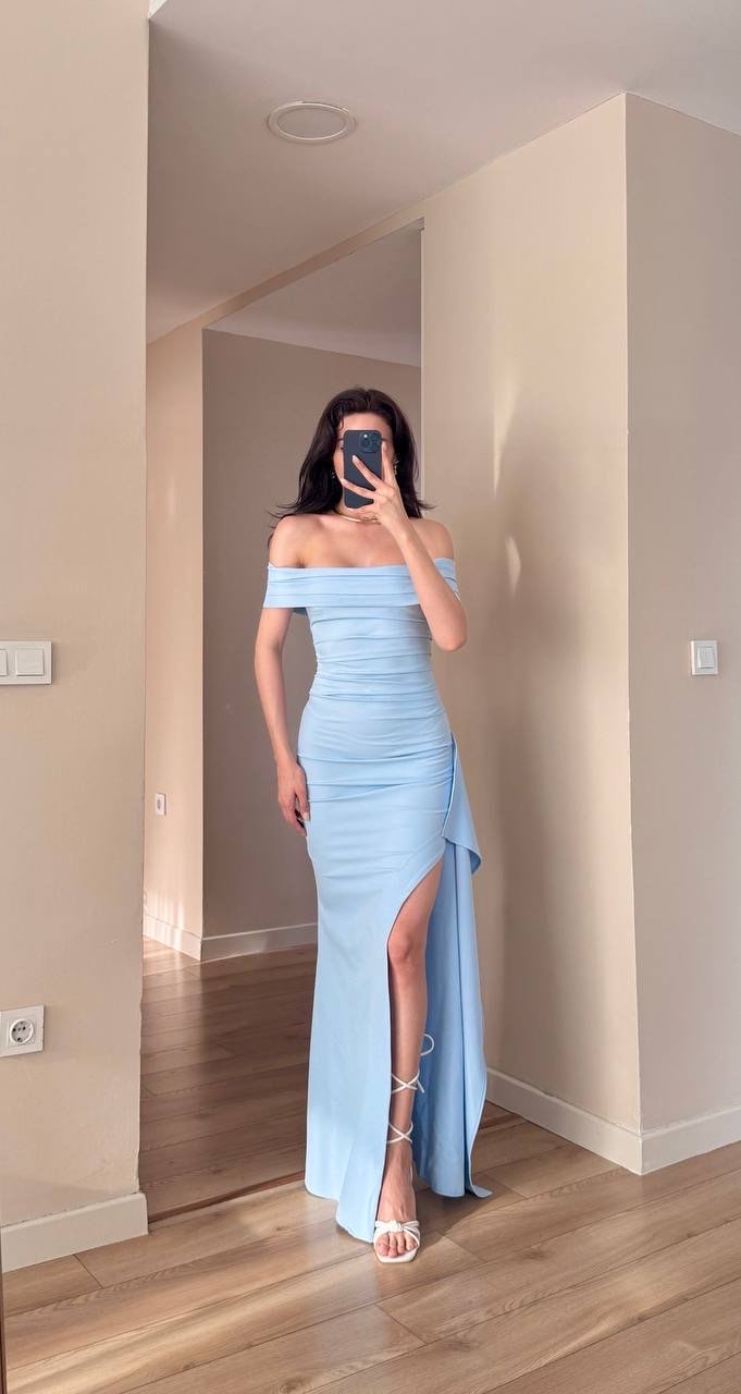 Elegant Strapless Yırtmaçlı Elbise - Mavi