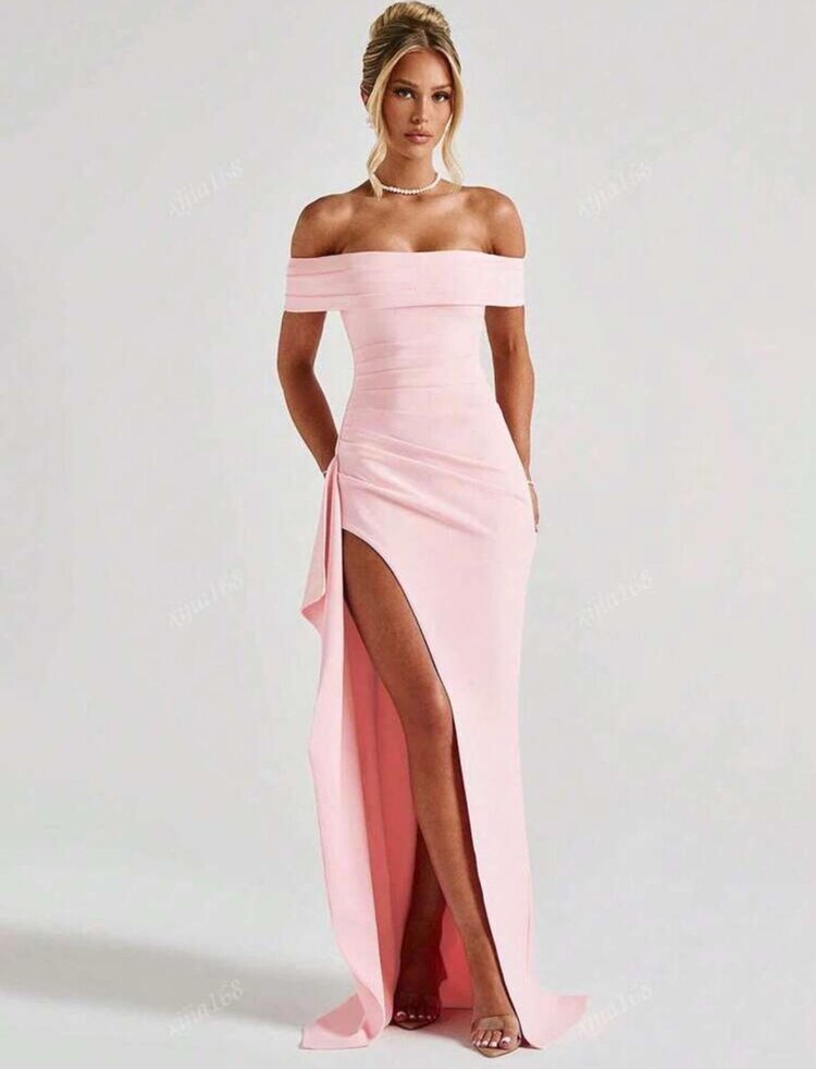 Elegant Strapless Yırtmaçlı Uzun Elbise - Pembe 