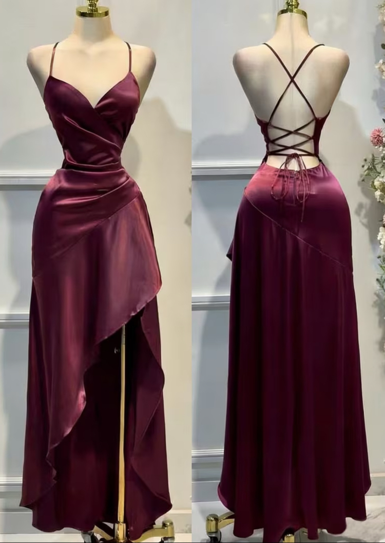Elegant Saten For Daily Elbise- Bordo