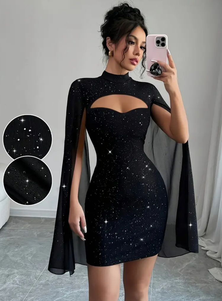  Simli  Pelerin Detaylı Elegant Elbise - Siyah 