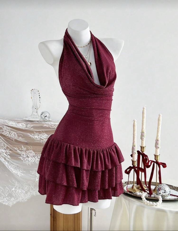 Women’s Draped Neck Ruffle Sexy Mini Elbise - Bordo