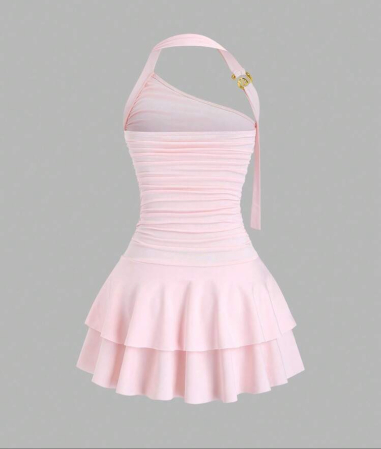 Spiral Detaylı Pembe Rengi Mini Elbise