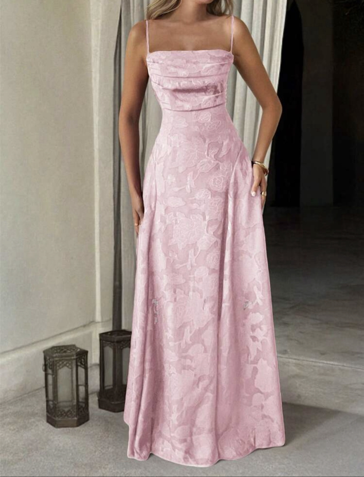 Elegant Lace Up Waist Backless Uzun Elbise - Pembe