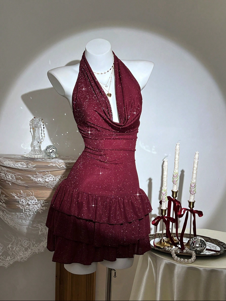 Women’s Draped Neck Ruffle Sexy Mini Elbise - Bordo