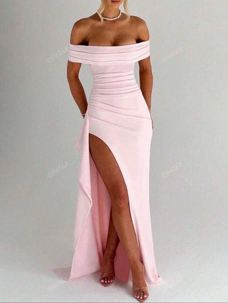 Elegant Strapless Yırtmaçlı Uzun Elbise - Pembe 