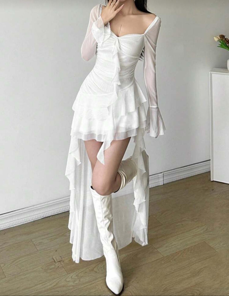 Coquette Sleeve Asimetrik Beyaz Elbise
